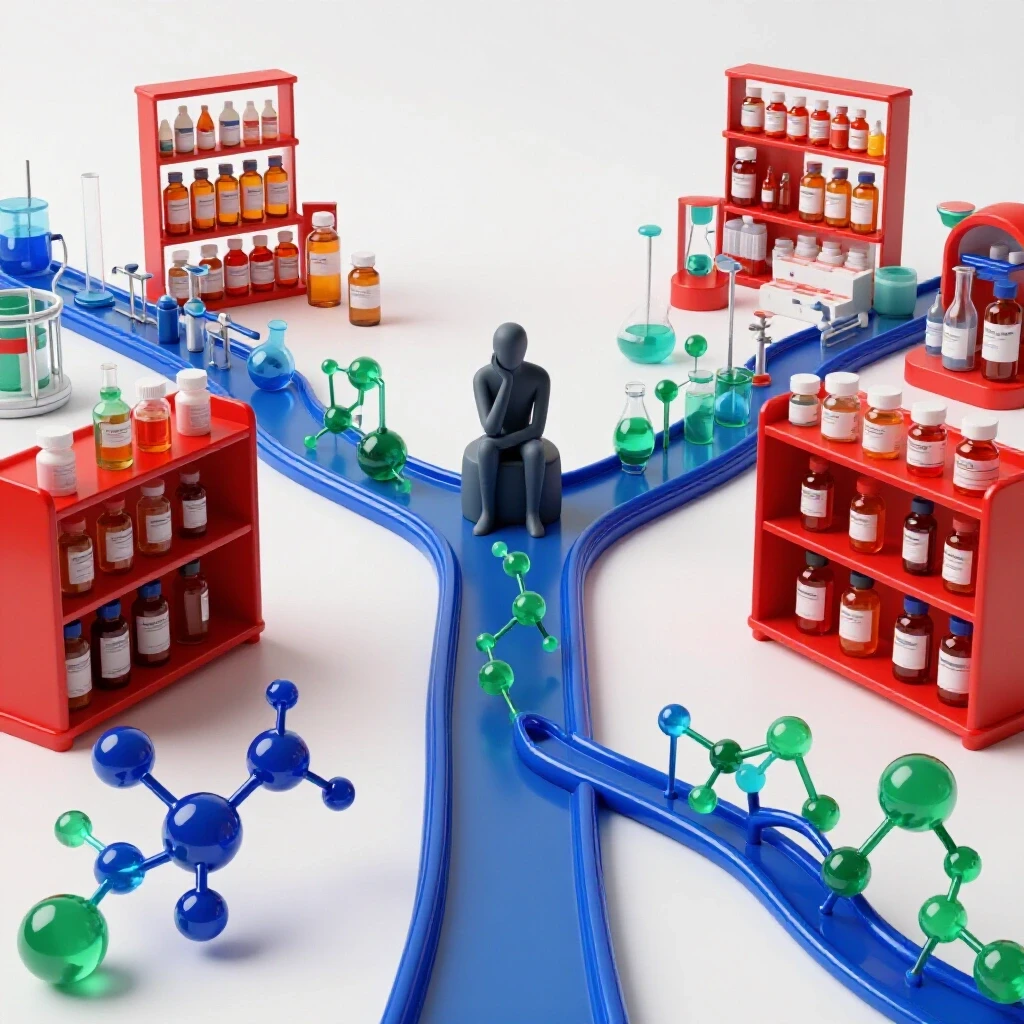 Forked pathway blending lab equipment and molecular models into colorful pharmacy shelves with a thoughtful abstract figure at the crossroads on a bright, clean background.