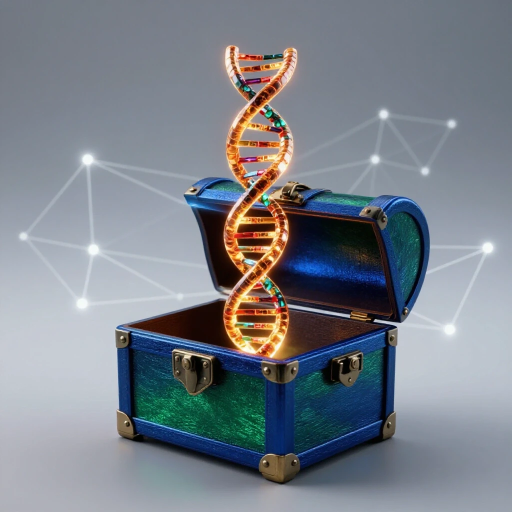 Glowing double helix emerging from a treasure chest amid digital network patterns on a bright background
