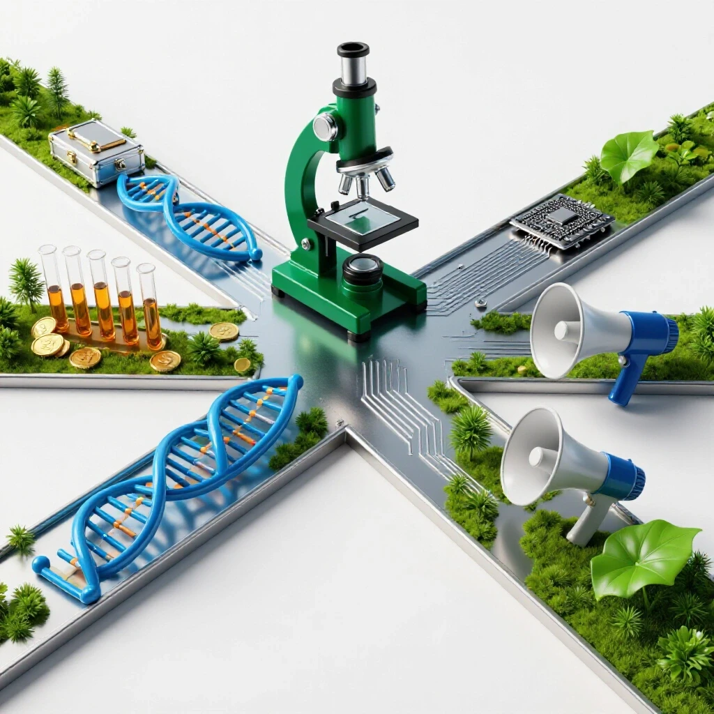 Crossroads with biology symbols on one side and diverse career icons branching out on a bright background.