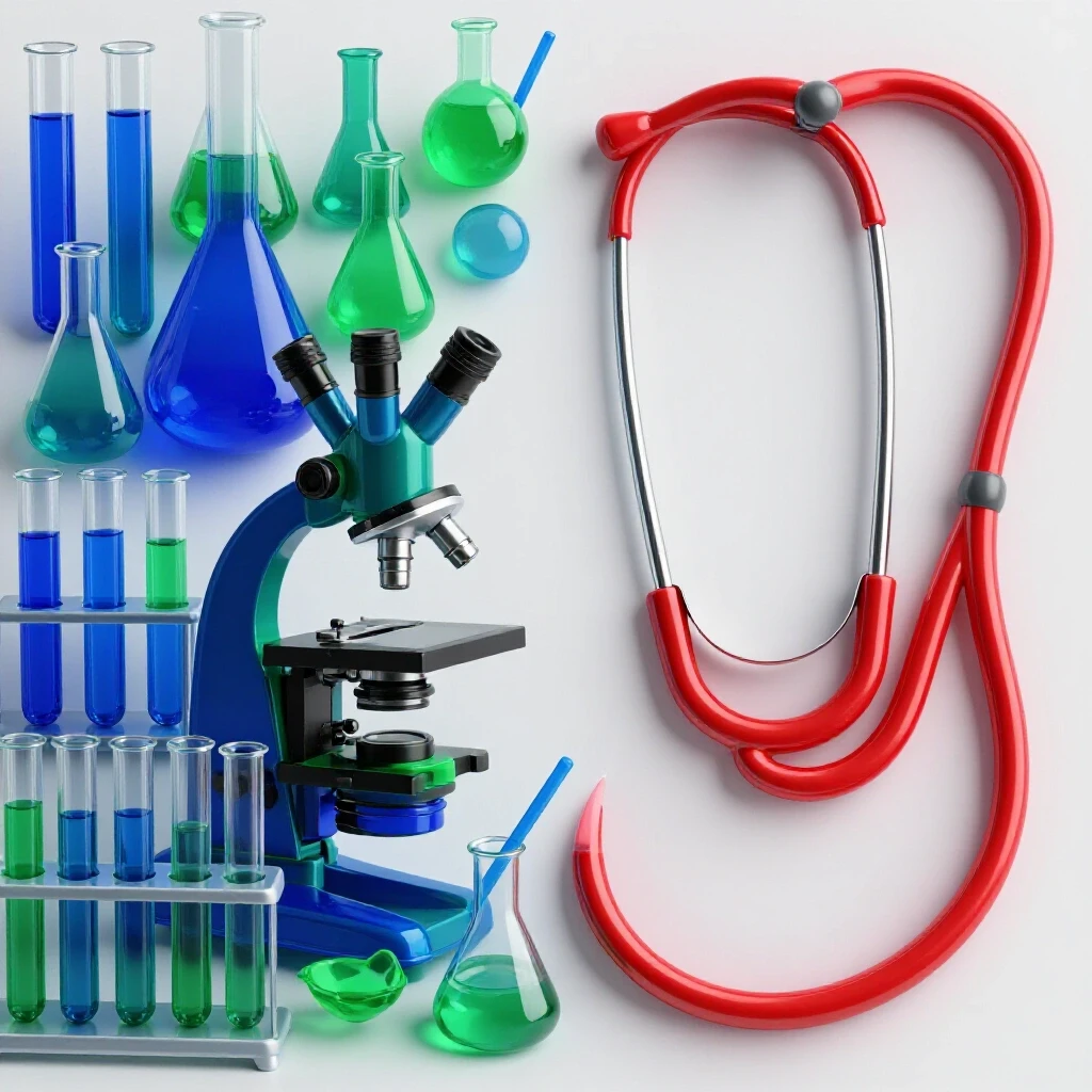Split pathway of scientific lab equipment transitioning into a stethoscope on a bright background