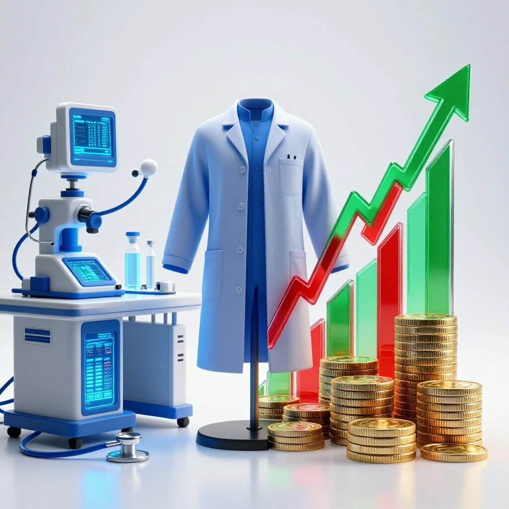 Split scene with lab coat and futuristic medical devices on one side, coins and upward graph on the other, set on a bright background.