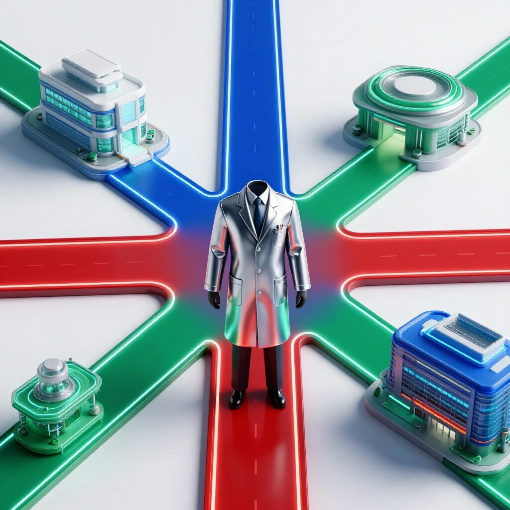 Crossroads with a lab coat at the center, glowing paths leading to hospital, research lab, and biotech firms.