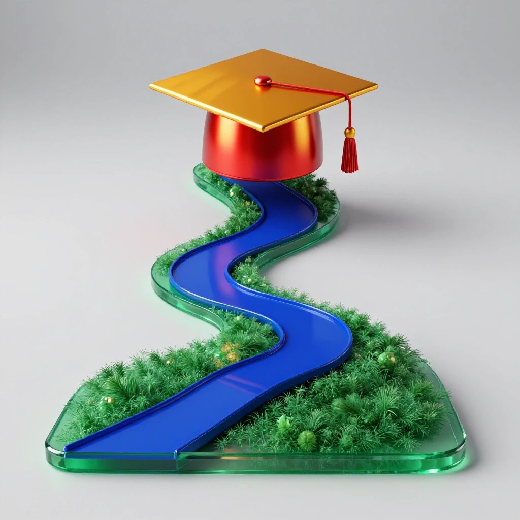 A luminous scene with a royal blue winding path connecting a green cradle to a vivid graduation cap, set against a bright studio background.