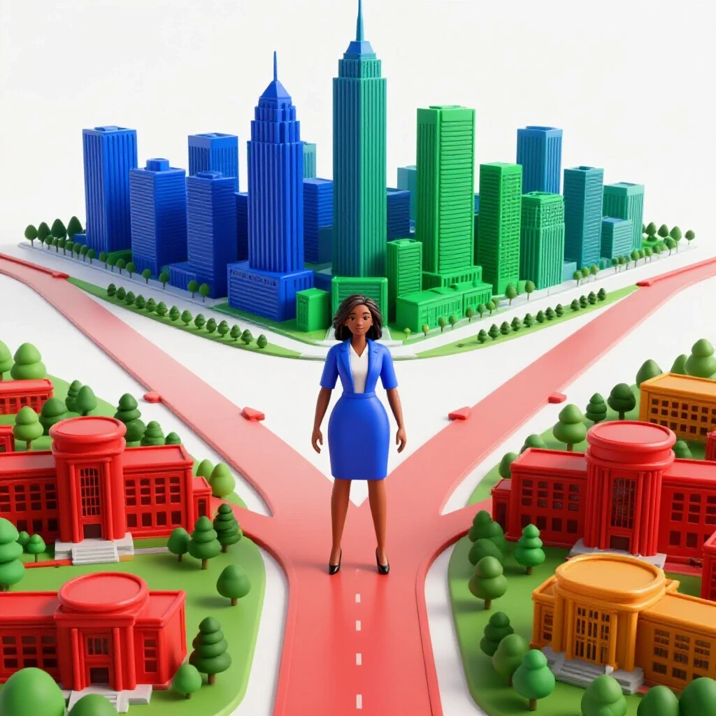 Confident Black woman at a crossroads with paths to a modern city skyline and vibrant campus, vivid colors, clean background
