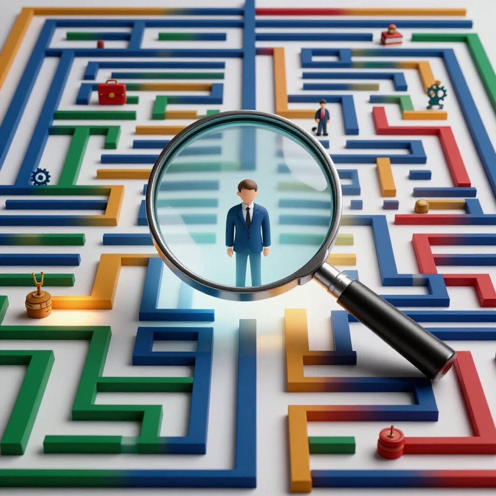 A magnifying glass examines a colorful 3D career maze, with some paths brightly lit and others shadowed.