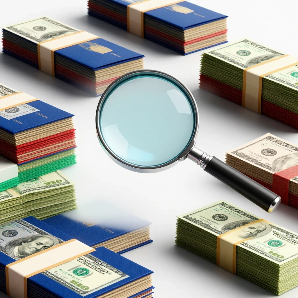A metallic magnifying glass hovers over vibrant diplomas and dollar bills, with fog obscuring parts to show uncertainty.