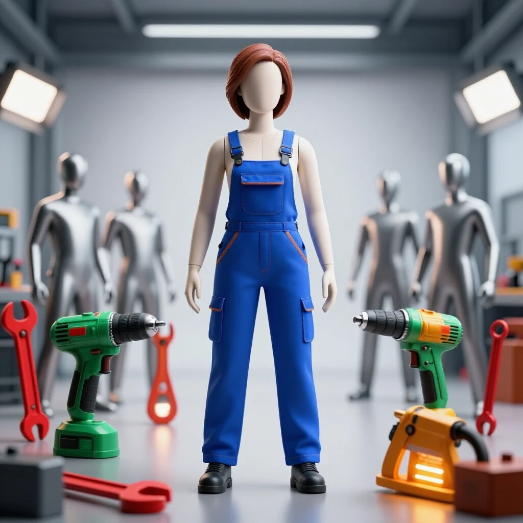 Confident woman in deep blue work overalls stands in a bright industrial workshop surrounded by glowing tools.
