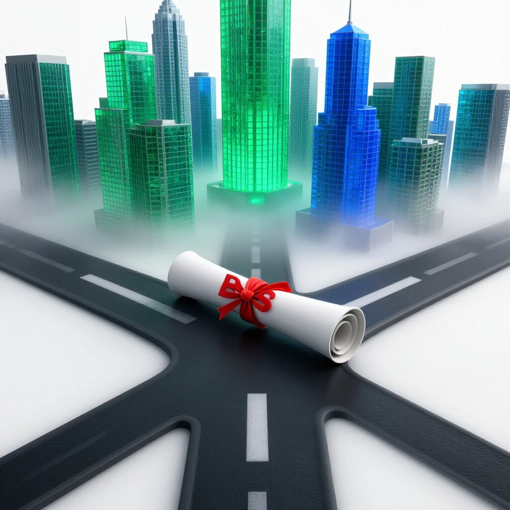 A glossy diploma at a crossroads with one path leading to a glowing city skyline and another fading into mist.