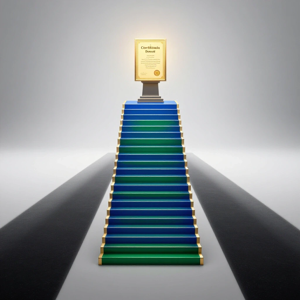 Illuminated blue and green steps lead to a glowing certificate atop a podium with diverging shadowy paths below.