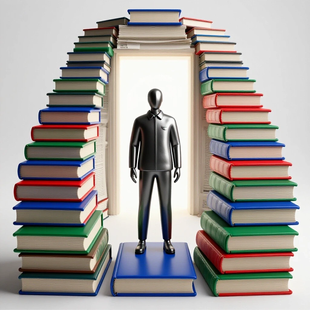 A dramatic staircase of colorful books leads to a glowing doorway framed by exam papers, symbolizing board exam challenges.