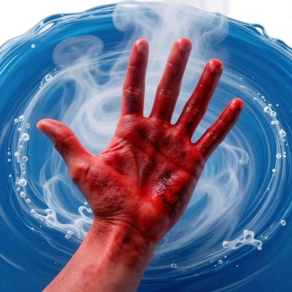 Close-up of red blistered hand pulling away from swirling steaming water against a bright background.