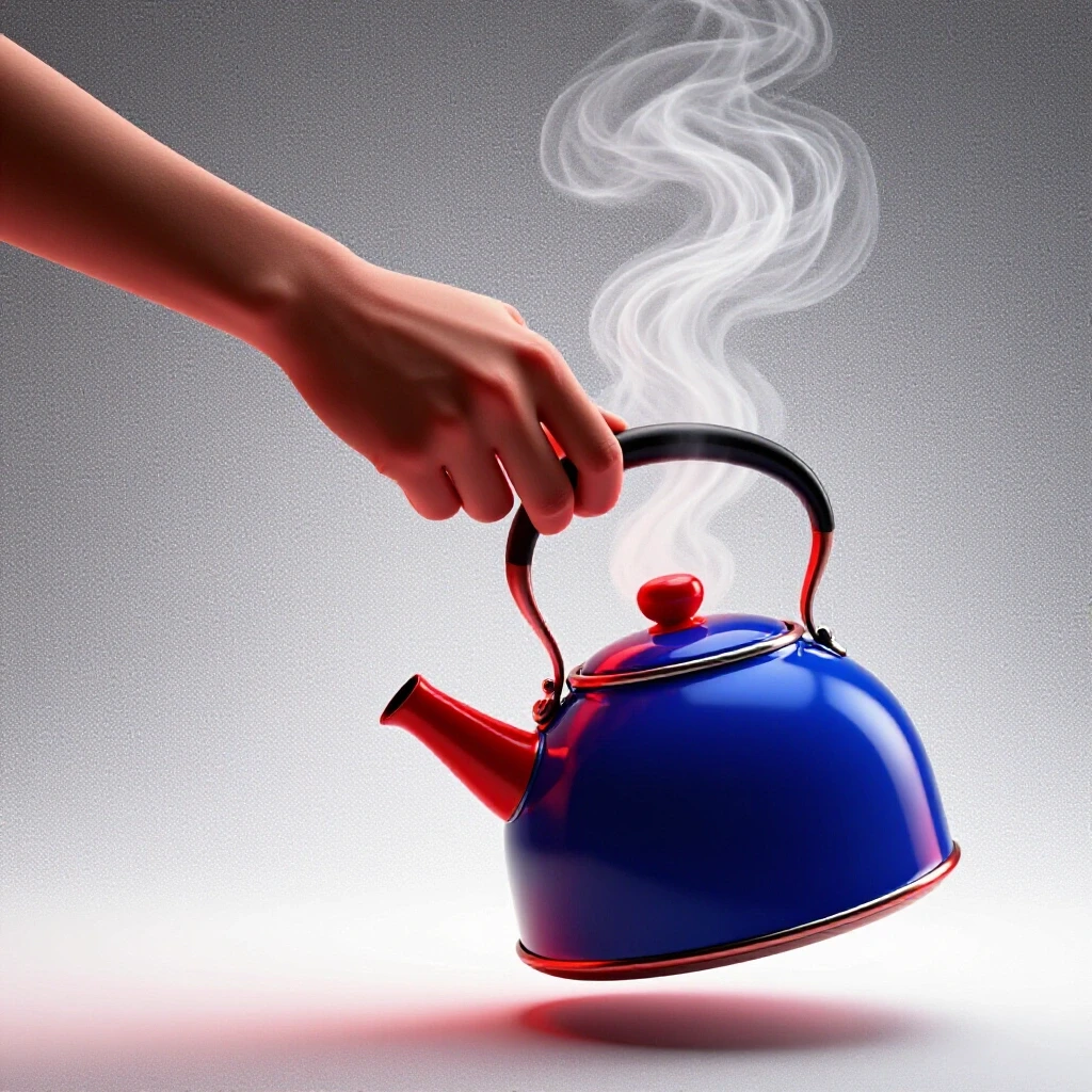 A recoiling hand near a tipped blue kettle releasing vivid steam on a bright white background.