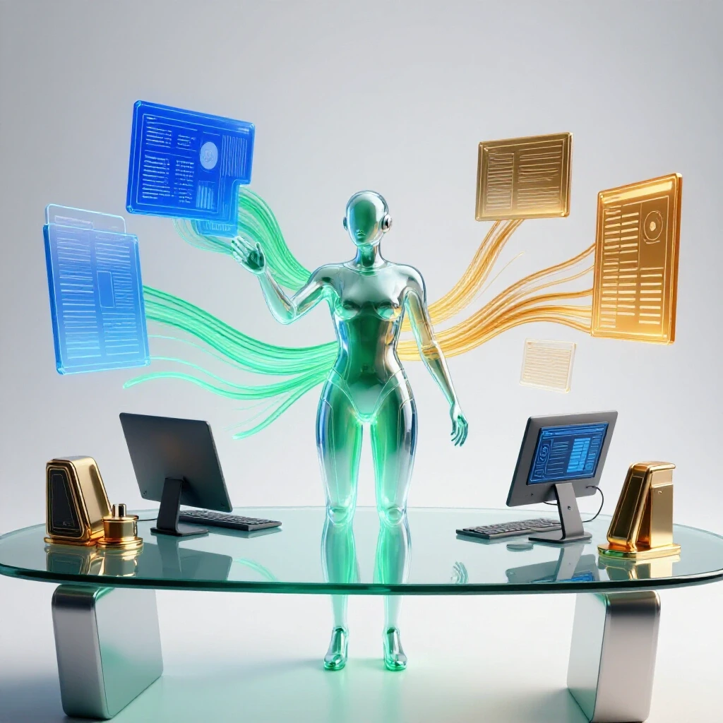 Futuristic workspace with a glowing AI assistant and digital screens collaborating with a human-shaped glass figure