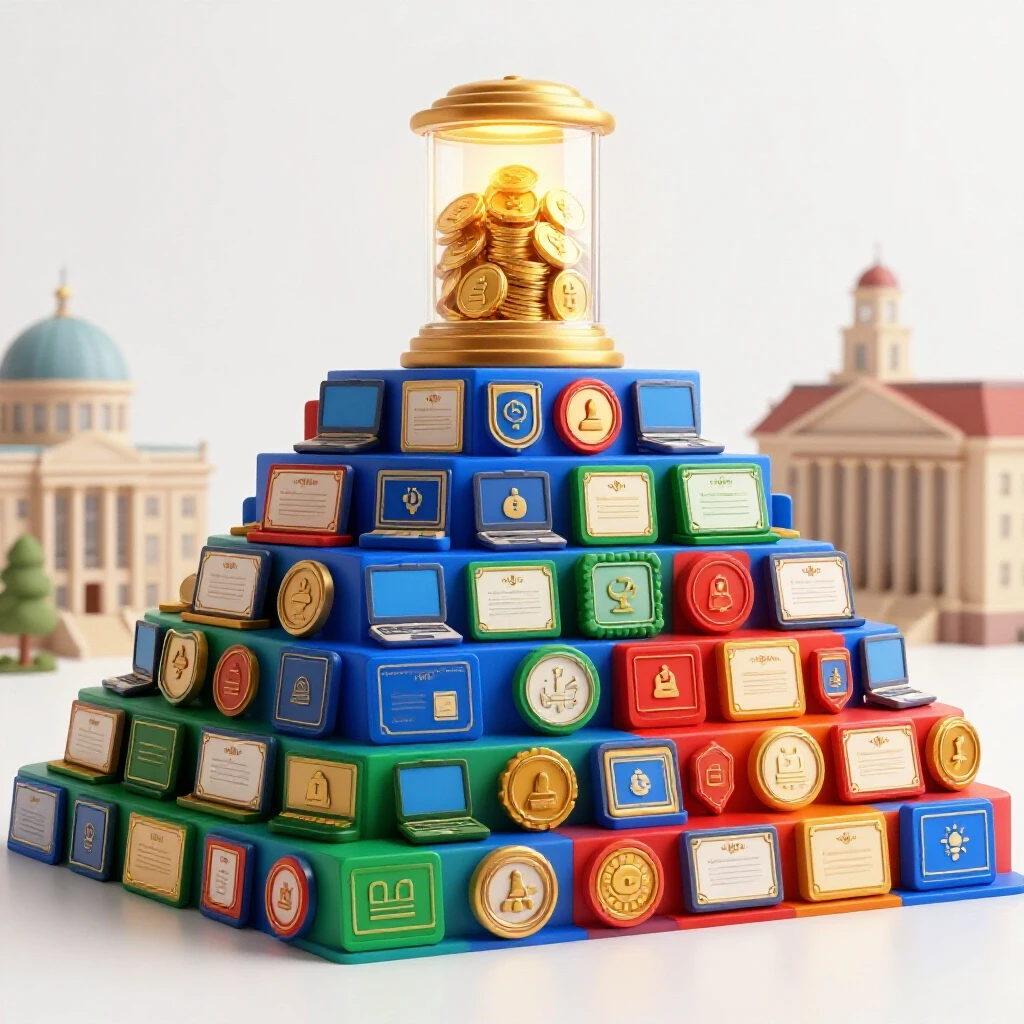 A staircase built from certificates, laptops, and skill badges rising toward a glowing coin-filled vault, with academic buildings fading in the background.