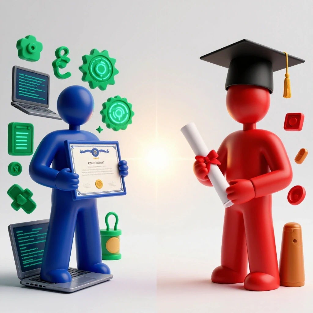 Split scene of a bootcamp certificate and digital tools merging with a diploma and graduation cap towards a bright horizon.