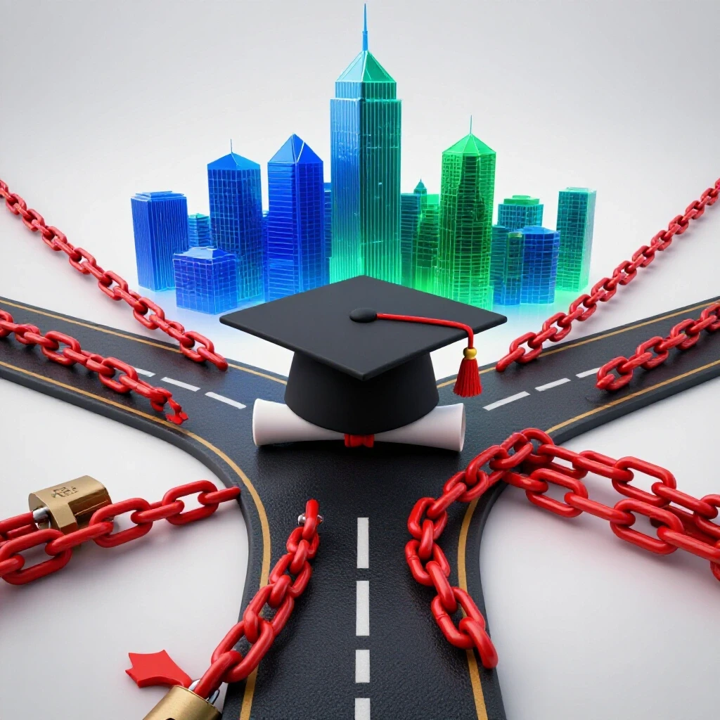 Student cap and diploma at a crossroads, one path to a bright city skyline, the other weighed by heavy chains symbolizing debt.