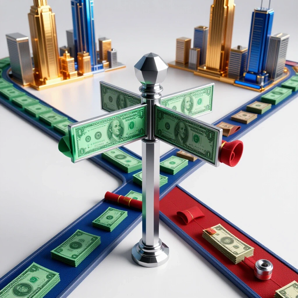 Glossy signpost at a bright crossroads with one path paved in dollar bills, another in diplomas, leading to futuristic city skylines.