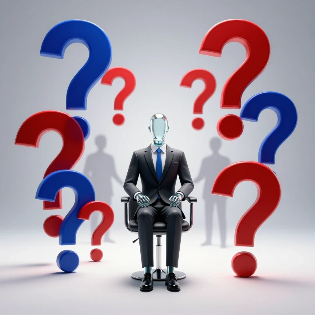 Central illuminated candidate figure surrounded by bold question marks with blurred interviewers in a bright studio setting.