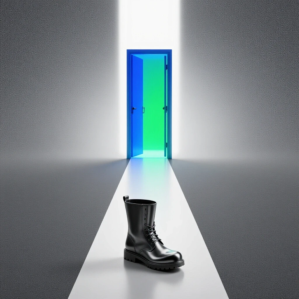 Metallic boot stands at a forked path, one way leading to a glowing blue-green door, the other fading to grey.