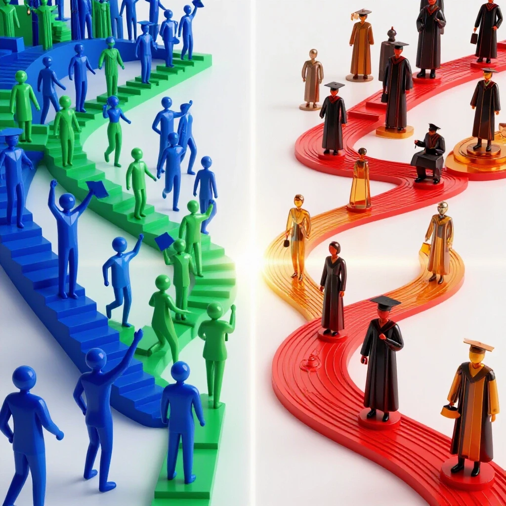 Dramatic split scene showing bootcamp graduates on a direct staircase and degree holders on a winding academic path, both converging toward a glowing opportunity.
