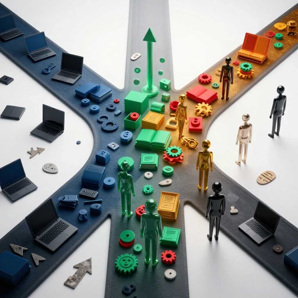 A crossroads scene with one path cluttered by abandoned laptops and regretful symbols, and another glowing with opportunity-filled objects and hopeful abstract figures, set against a bright white background.