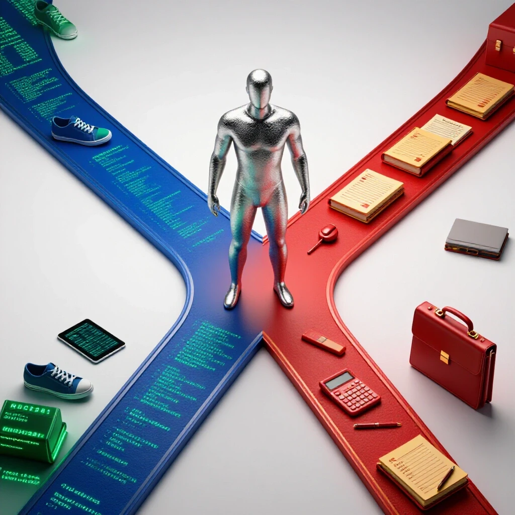 A crossroads with coding symbols on one path and accounting ledgers on the other, central transition theme