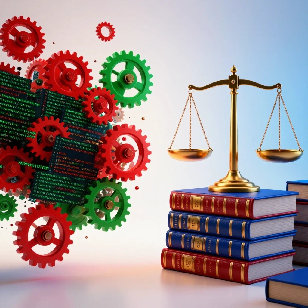 Split scene with vibrant bootcamp chaos of gears and code on one side, calm law books and justice scales on the other.