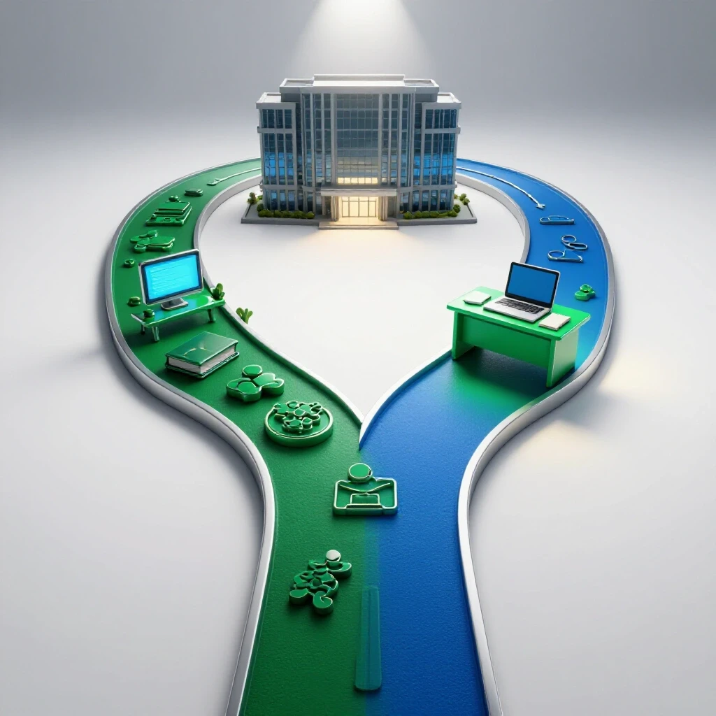 Forked path showing classroom collaboration icons and solo study setup, both leading to a modern office building under a spotlight.