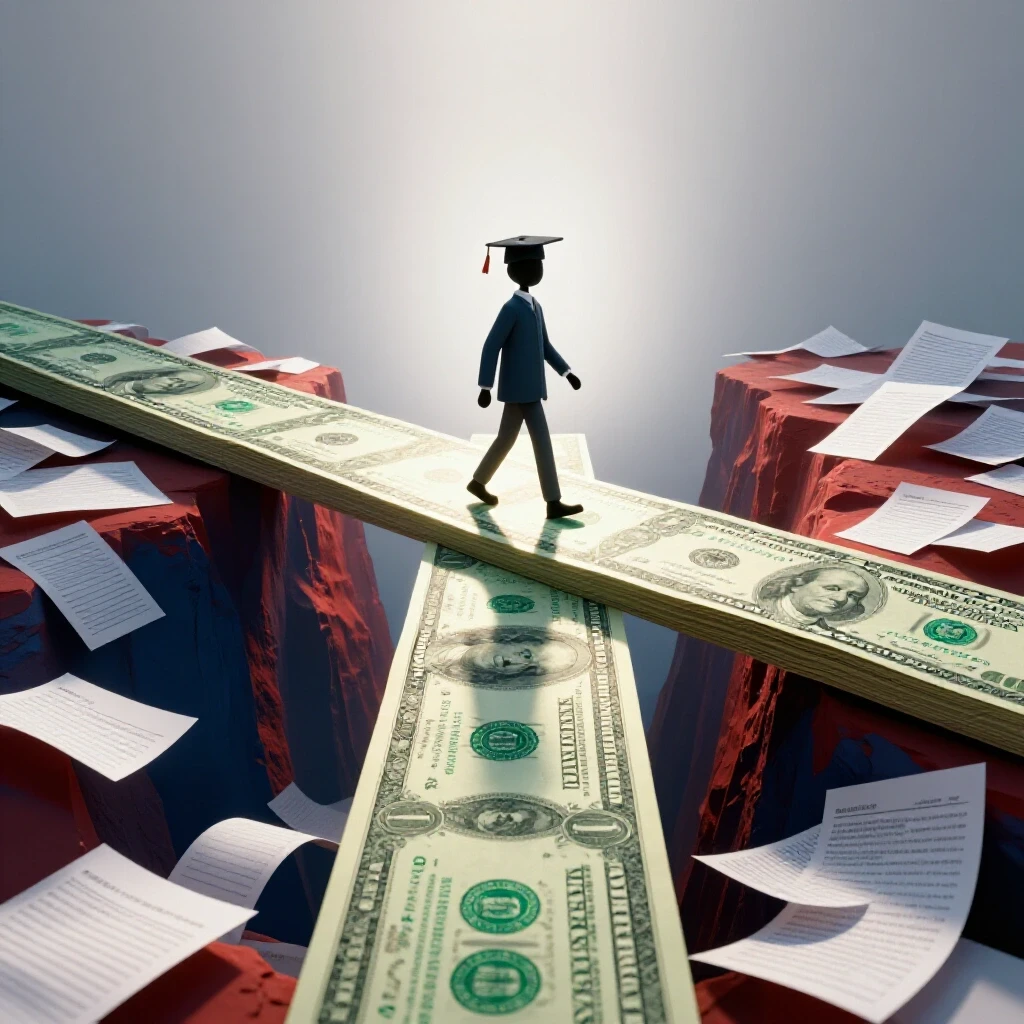 Abstract student symbol crosses a narrow bridge made of dollar bills above a chasm filled with loan documents, sunlight ahead symbolizing financial success.
