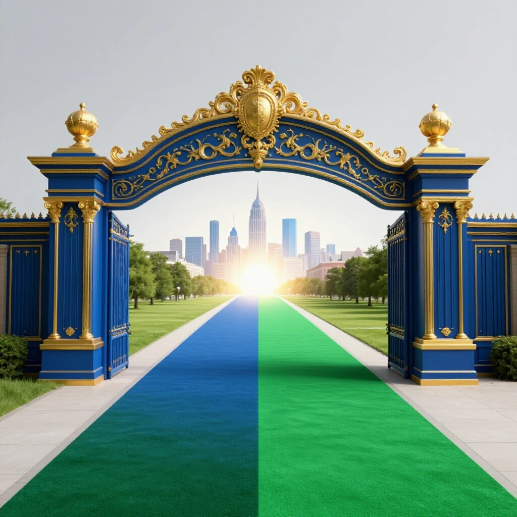 Split pathway imagery with ornate campus gates and a simpler route converging toward a bright horizon.