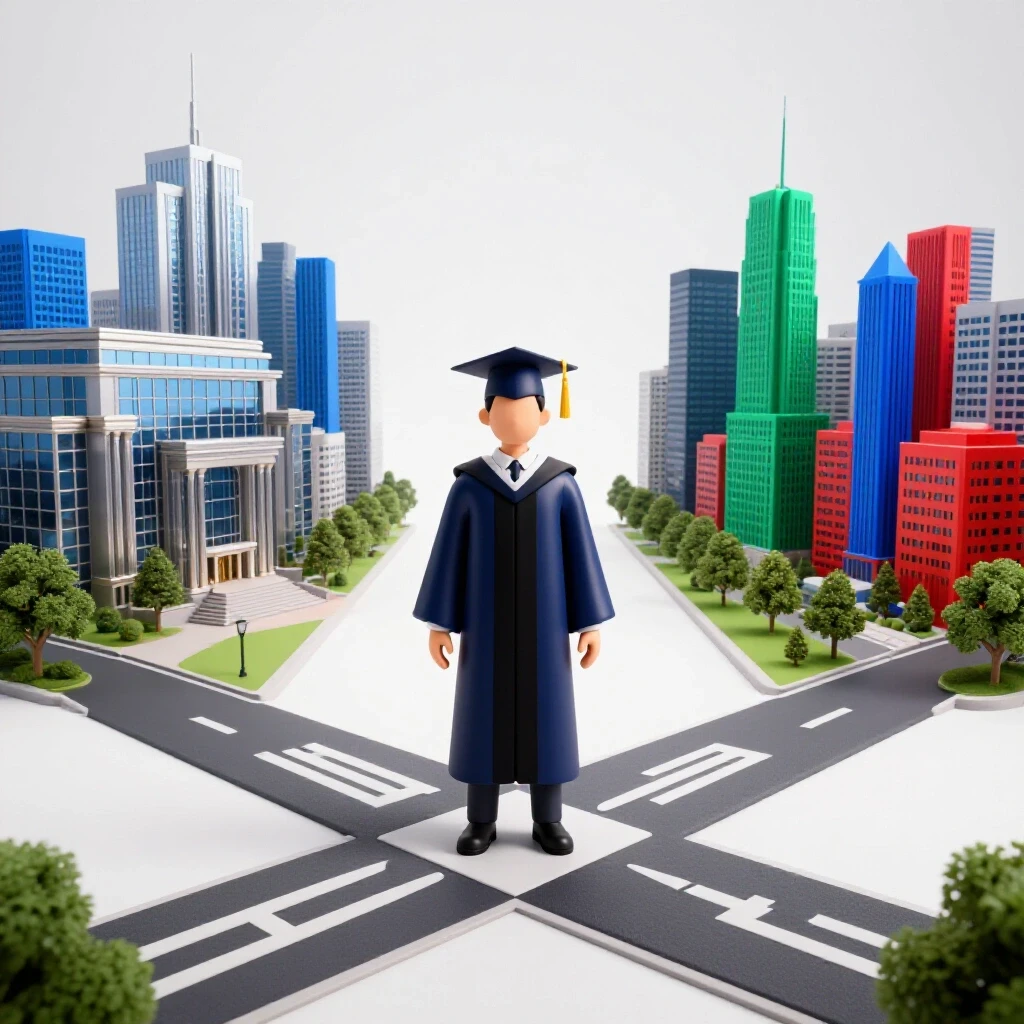 A confident graduate in cap and gown stands at a crossroads between a prestigious university building and a vibrant city skyline.