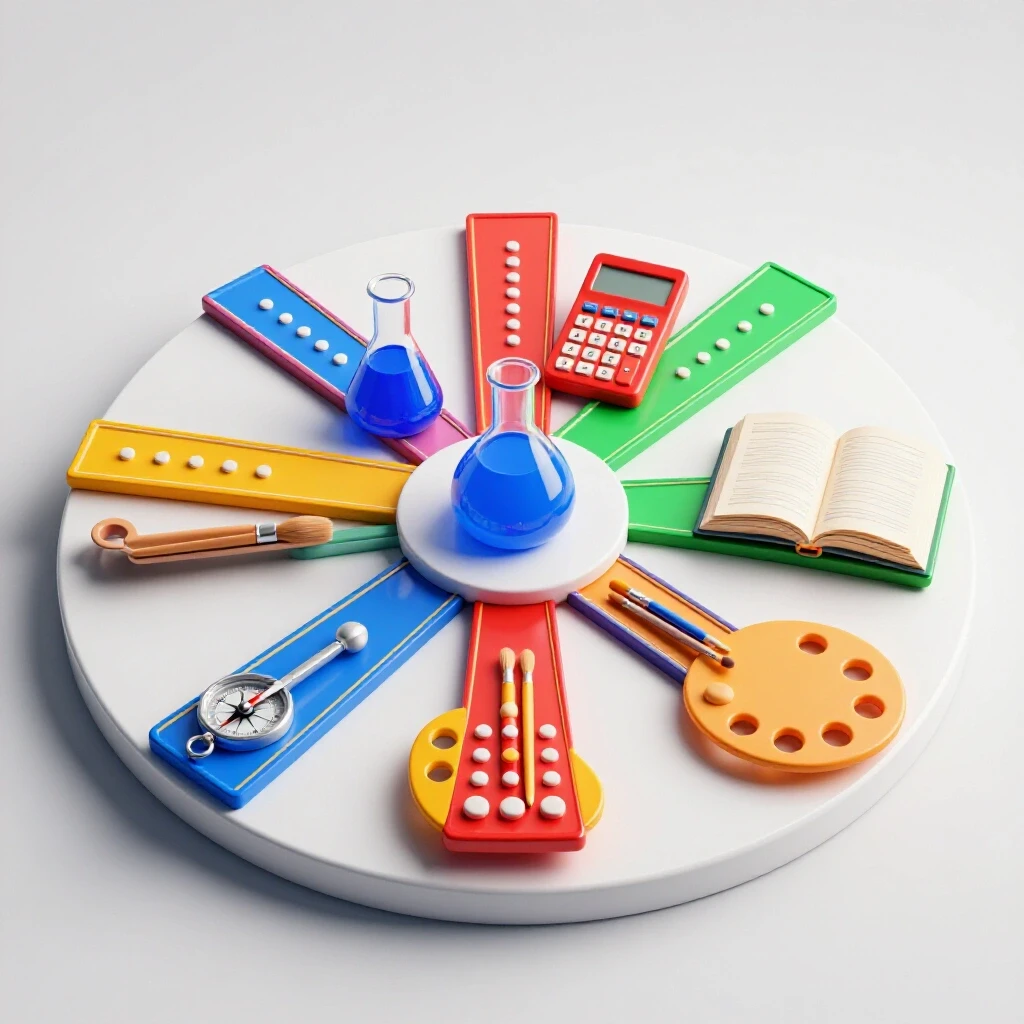 Glossy central platform with vivid academic symbols branching outward, representing diverse college breadth pathways on a bright background.