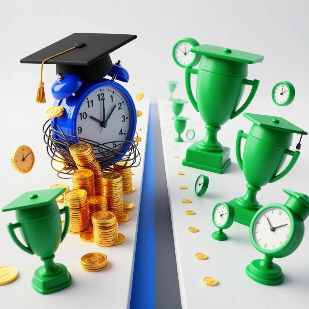 Split path scene showing a graduation cap and rising coins with fast clocks on one side, slower clocks and various degree symbols on the other, illustrating break-even payoff speed.