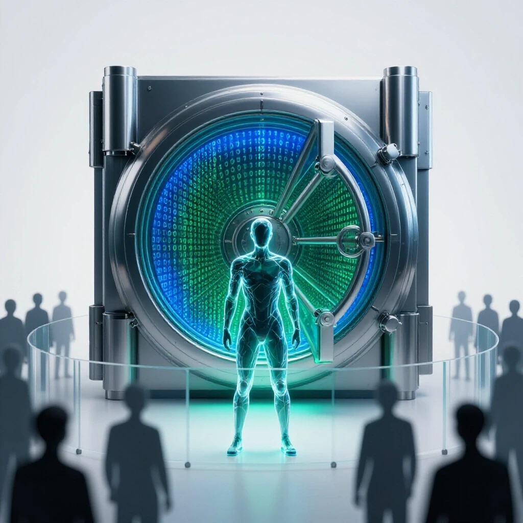 Glowing digital vault unlocks amid streams of binary code, central figure separated from crowd by glass barrier.