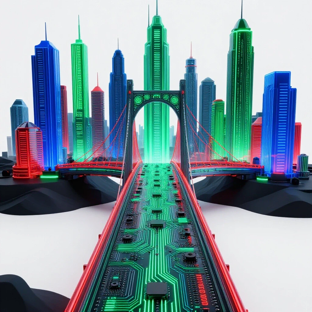A vibrant, futuristic bridge of circuit boards and code connects a shadowy land to a radiant tech city.