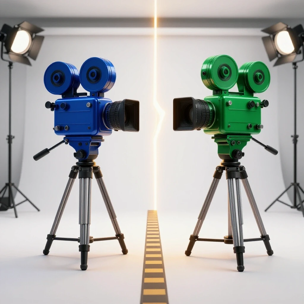 Two colorful film cameras capturing a movie set from opposing sides, divided by a dramatic split line