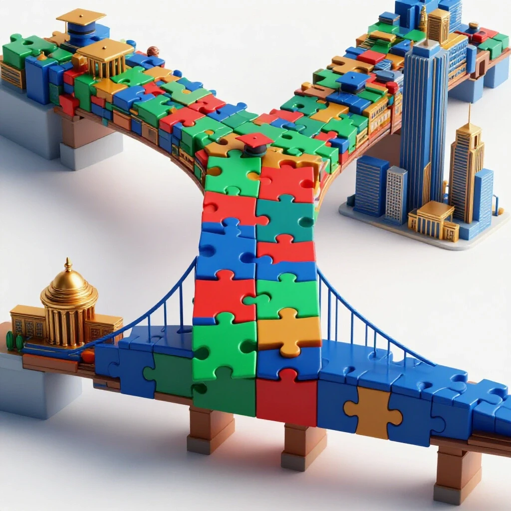 Vivid puzzle-piece bridge connects a stylized university campus to a modern city skyline on a bright background.