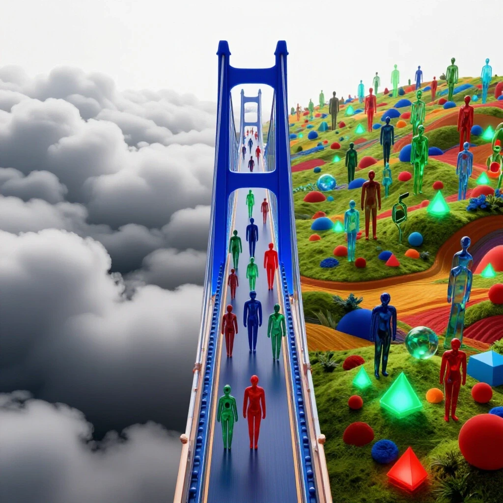 A glossy, illuminated bridge connects a cloudy landscape to a vibrant, colorful one, with abstract figures crossing in a bright studio scene.