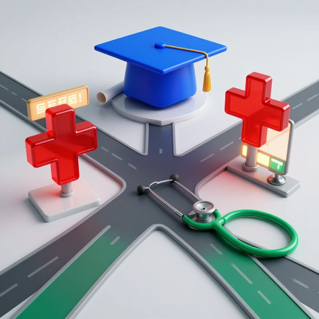 Crossroads scene showing a graduation cap and scroll merging into vibrant hospital symbols on a bright background.