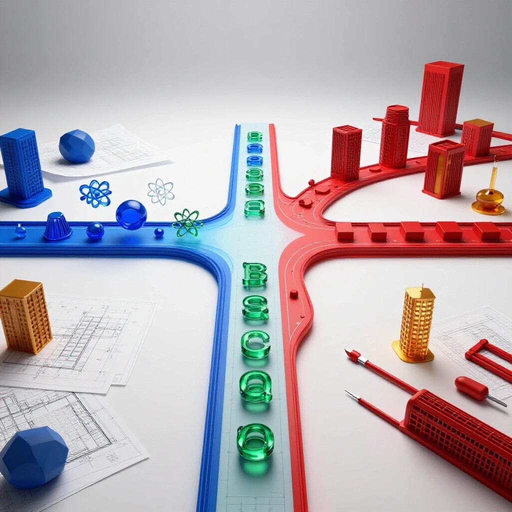 Split image shows crossroads: one path with scientific symbols and another with architectural models, on a bright background.
