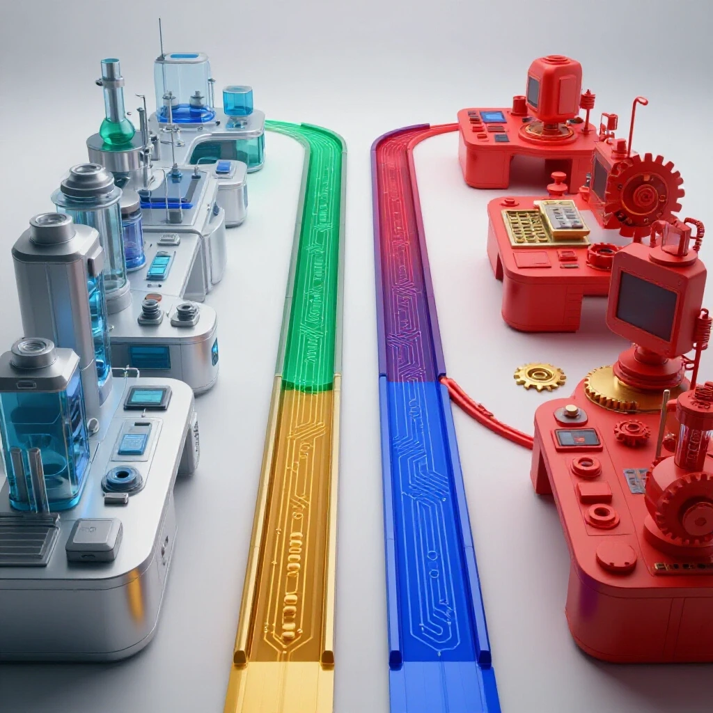 Split-image features a scientific lab pathway and a tech workspace pathway, both in rich, vibrant colors on a bright background.