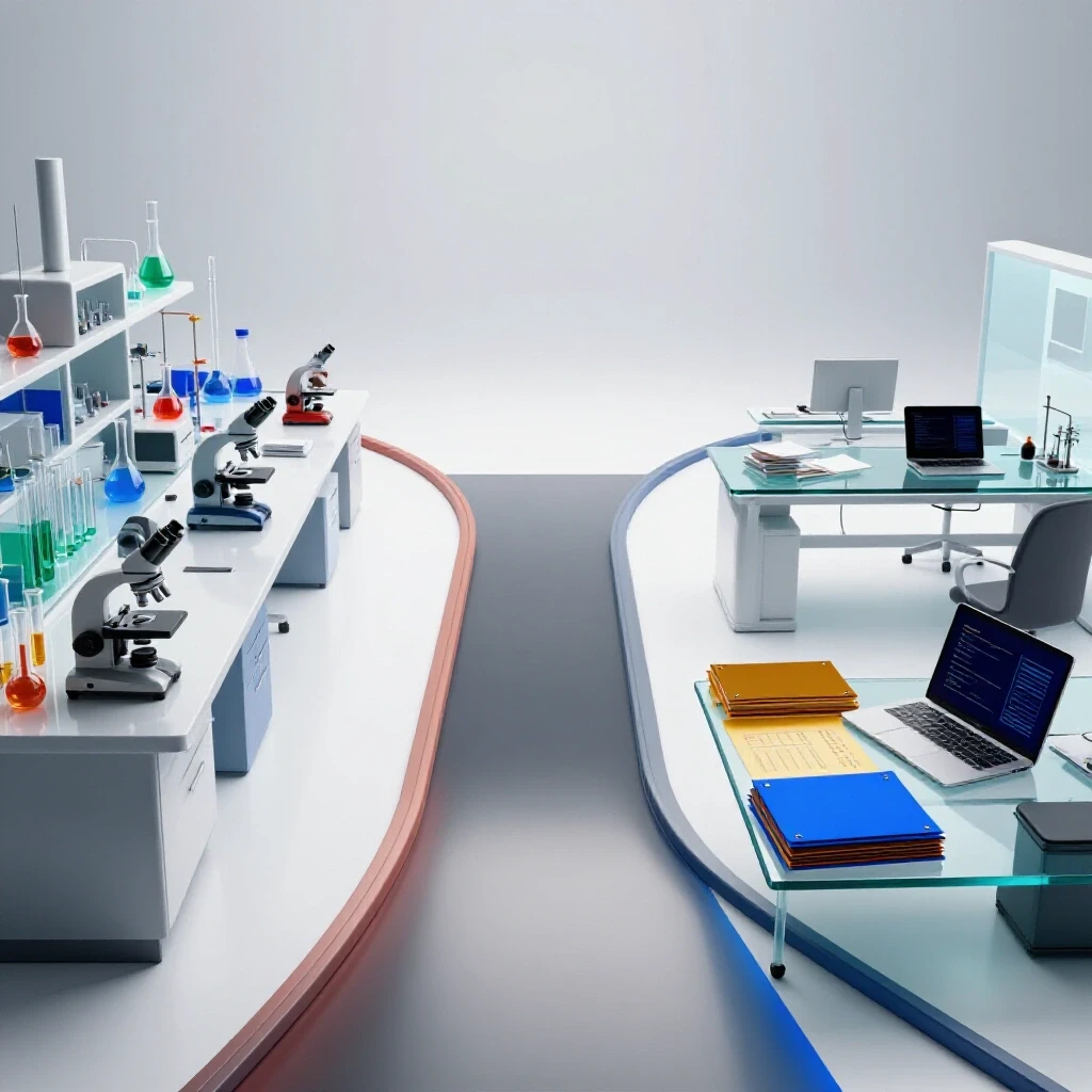 Two diverging paths, one leading to a vibrant laboratory with scientific equipment, the other to a modern office with business items, set in bright studio lighting.