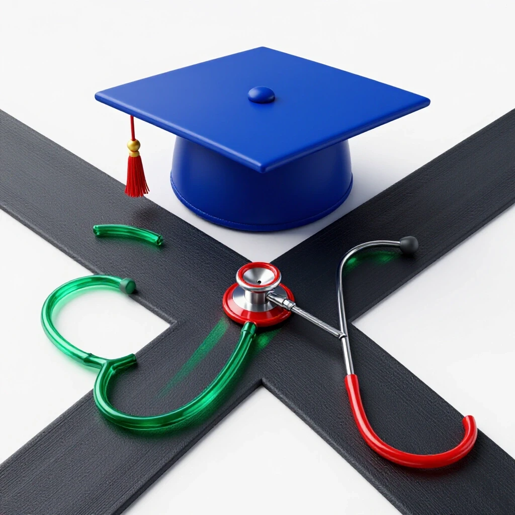 A bright studio scene shows a crossroads with one path leading to a royal blue academic cap and the other to a stethoscope in bold colors, both illuminated and centered, symbolizing a pivotal nursing degree decision.