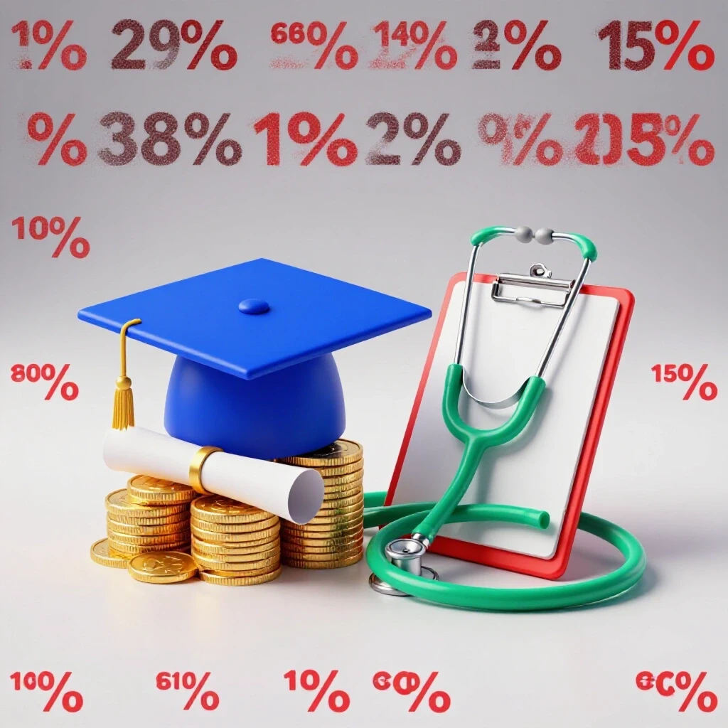 Vivid split-scene showing a graduation cap on coins contrasted with stethoscope and clipboard on a bright background