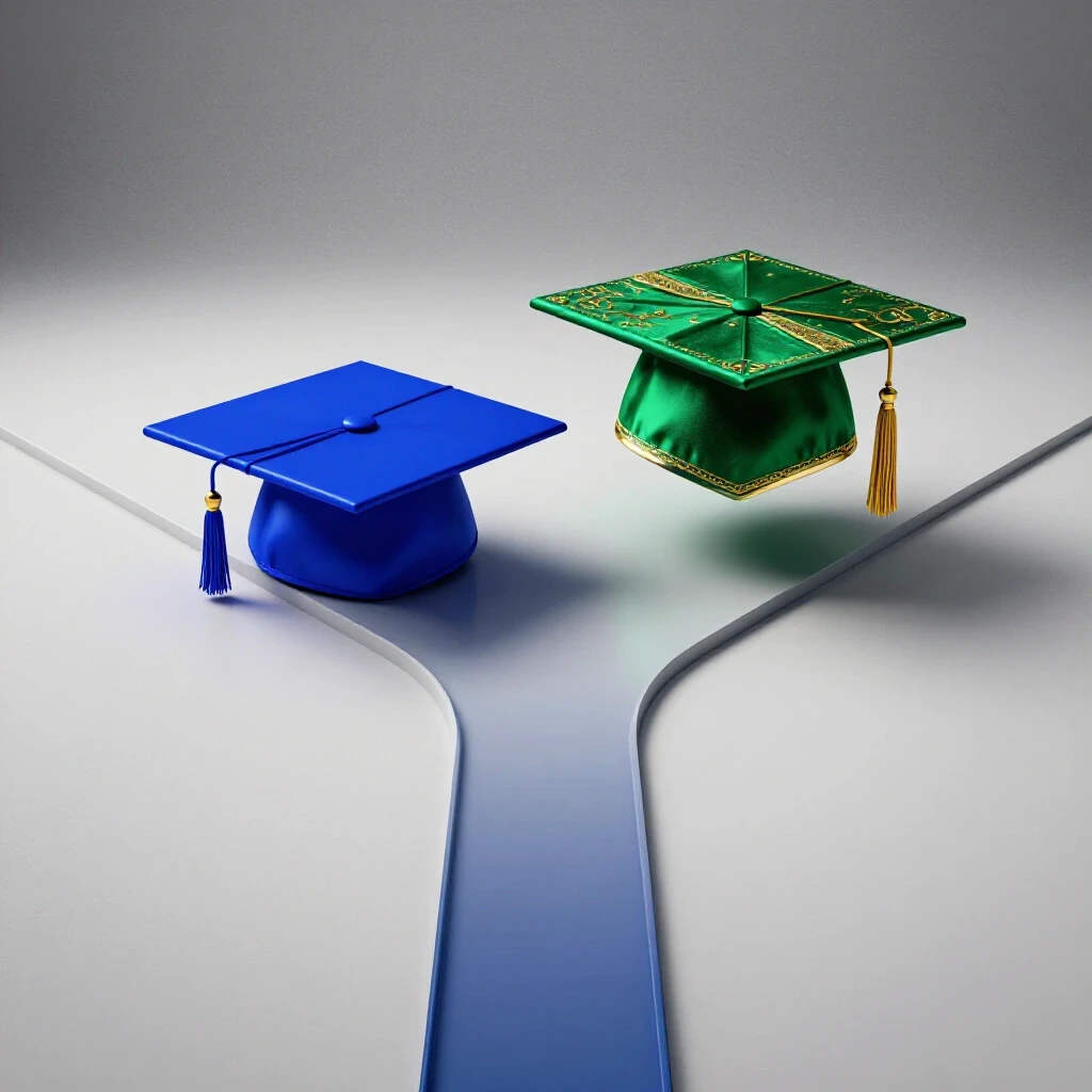 Split pathway with a bright blue undergraduate cap on one side and a rich green master's hood on the other, set in a luminous white studio.