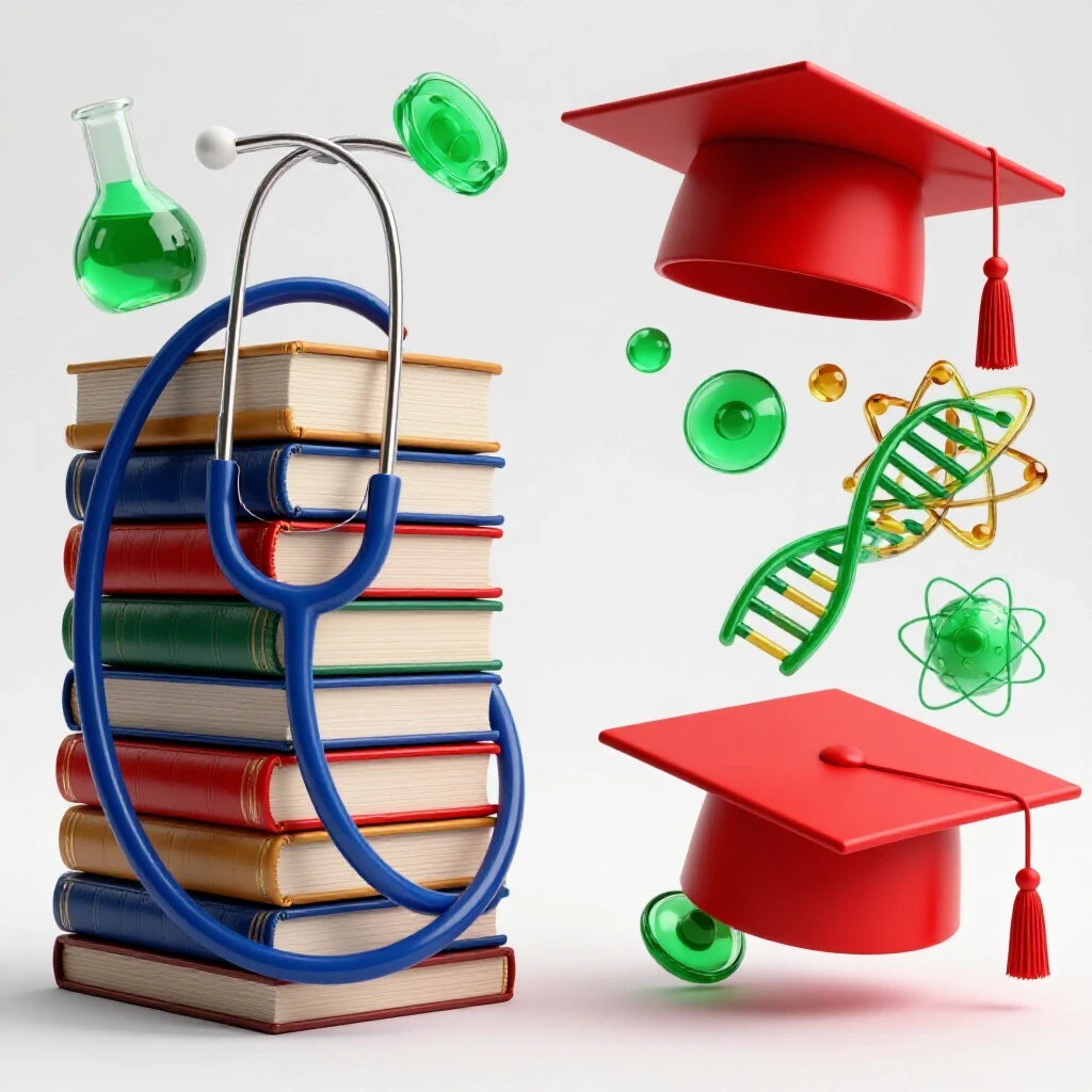 Split scene with a stethoscope wrapped around colorful books on one side and a graduation cap with science icons on the other.