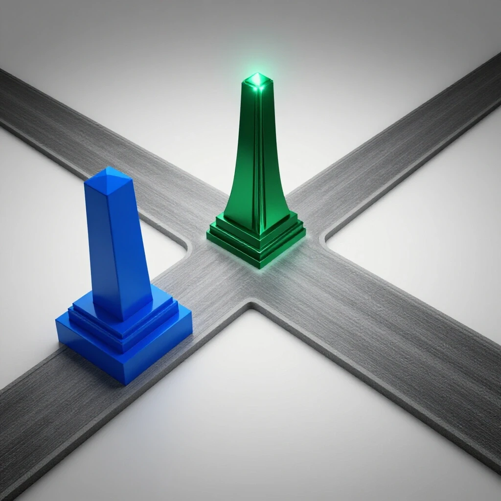 Striking 3D crossroads with two colored paths: one toward a blue foundation, the other rising to a glowing green pinnacle.