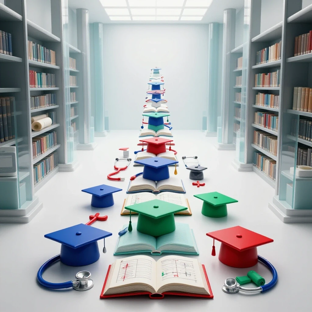 Pathway of nursing symbols rising from a hospital scene to an academic setting, highlighted by rich colors.