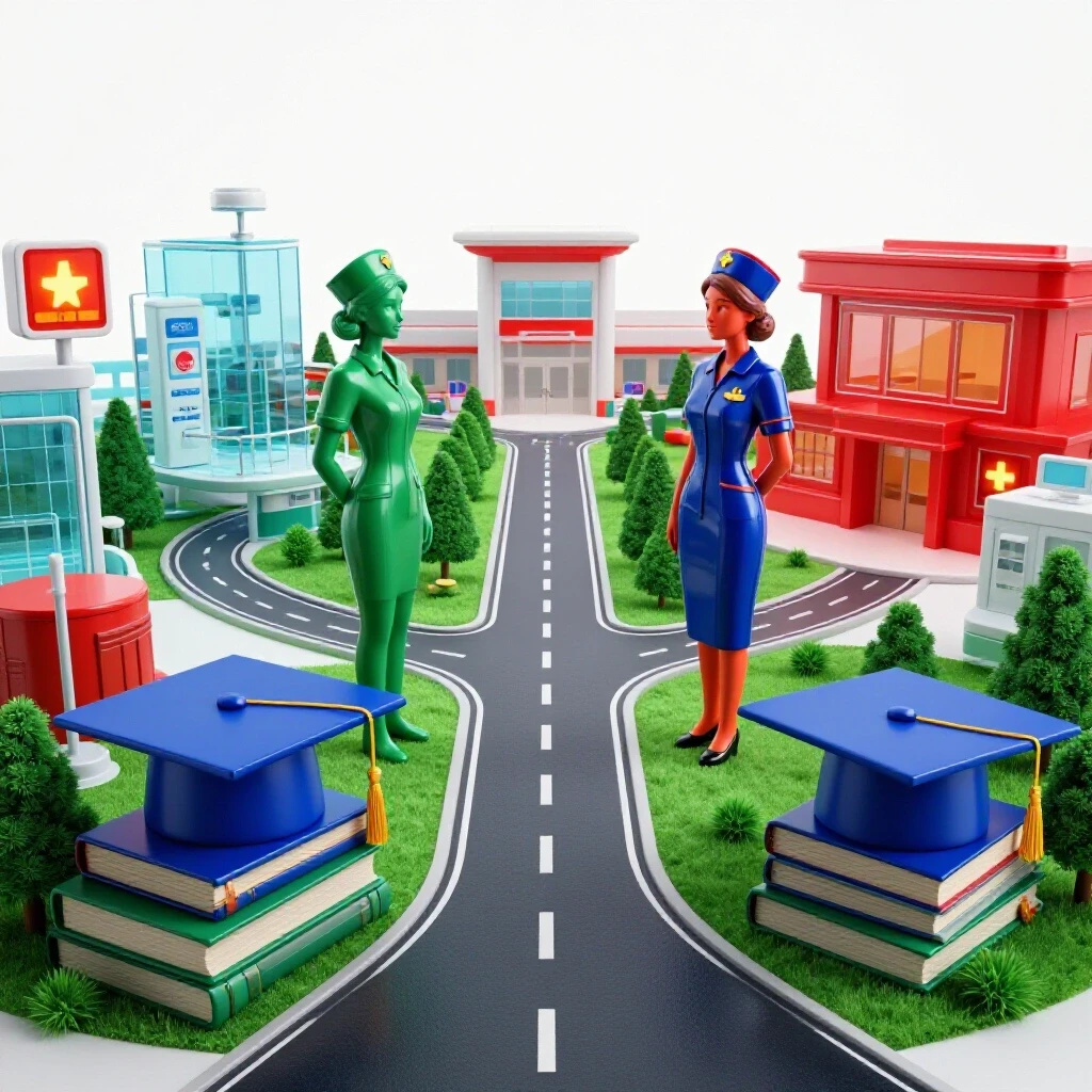 A split road branches through a campus scene on one side and a vibrant hospital environment on the other, with two nurse symbols at the crossroads.