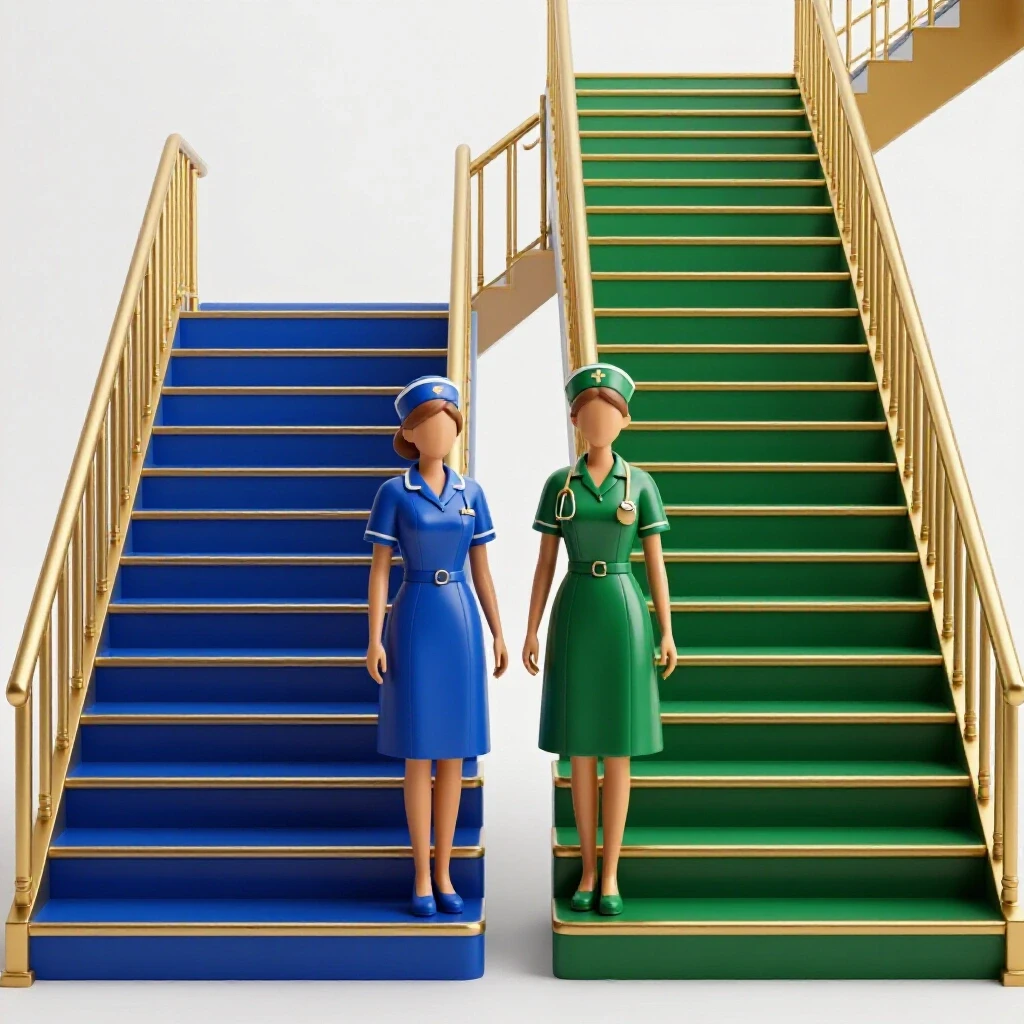 Two nurses at the base of diverging staircases, one grand and illuminated, symbolizing degree pay differences.